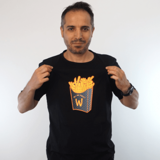 M_WFries_schwarz schwarzes herren t-shirt mit pommes print wasni logo aufdruck french fry black männer shirt bio baumwolle organic cotton fair fashion