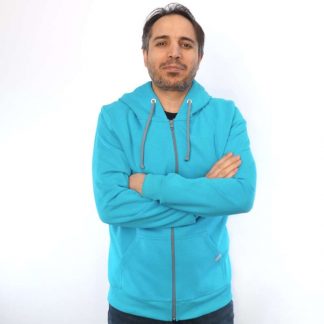 tuerkis made in germany zip Hoodie fair fashion biobaumwolle öko slow fashion Hoodie türkis jacke mit kapuze kapuzenjacke in turquoise